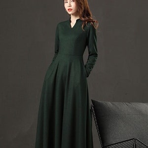 Dark green woolen dress, Classic Winter Wool Dress, Wrap Plus Size Maxi Dress, Minimalist Lady Dress,  flare dress, Flowy Women Dress  C2534