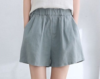 High-Waisted Linen Shorts for Women, Blue Linen Beach Shorts with pocket, Women Linen shorts, women Shorts, Custom shorts C2662