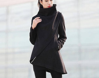 Black Coat, Wool Coat, Winter Coat, Woman Coat, Asymmetrical Black Coat, Wool Coat, Winter Coat, Woman Coat, Asymmetrical