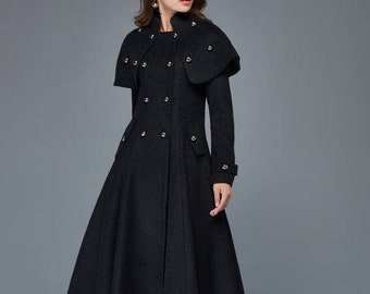 Black Wool Princess Coat, Double-Breasted wool coat, Long wool coat, Tailored Woman's Coat with Removable Cape Shoulders, Winter coat C957