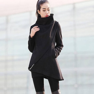 Black coat, Wool coat, winter coat, woman coat, Asymmetrical coat, high collar coat, zipper coat, short coat, handmade coat  C227