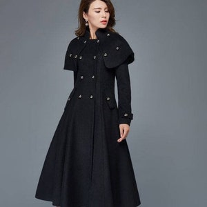 Black Wool Princess Coat, Double-Breasted wool coat, Long wool coat, Tailored Woman's Coat with Removable Cape Shoulders, Winter coat C957