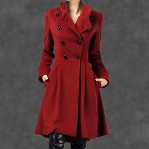 Asymmetrical Military wool Coat, Winter coat women, Fit-and-Flare Wool Coat with Cinched Waist, womens coat with Large Turn-Back Cuffs C2592 image 1