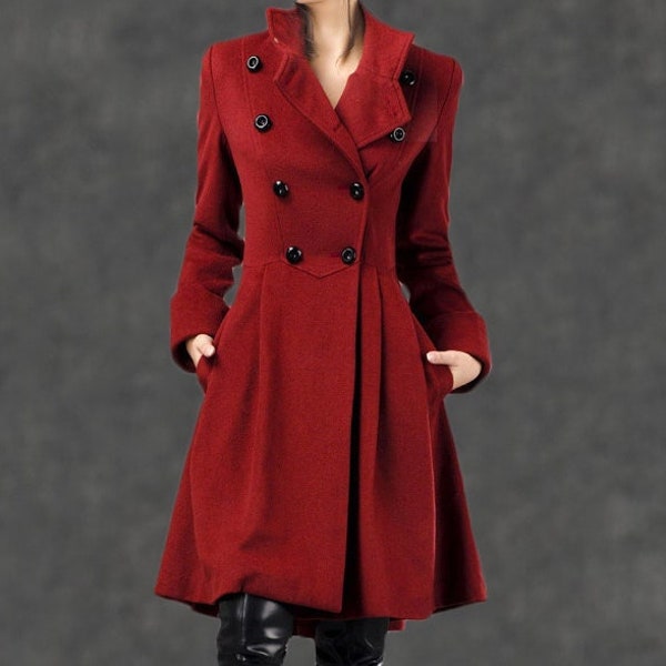 Asymmetrical Military wool Coat, Winter coat women, Fit-and-Flare Wool Coat with Cinched Waist, womens coat with Large Turn-Back Cuffs C2592