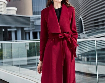 Long wool coat, Wool Trench Coat for Women, Wine Red Wool Maxi Coat, Wool coat, winter coat women, Belted wool coat, Custom coat C1770