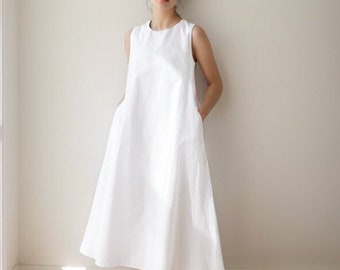 Linen Dress, Women's White Linen Dress, Midi Linen Dress, Sleeveless Linen Dress, Summer Linen Dress, Casual Dress, White Long Dress C3172#