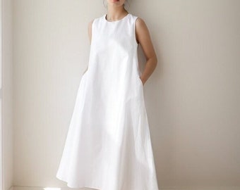 Robe en lin, Robe en lin blanche pour femme, Robe midi en lin, Robe en lin sans manches, Robe d'été en lin, Robe décontractée, Robe longue blanche C3172#