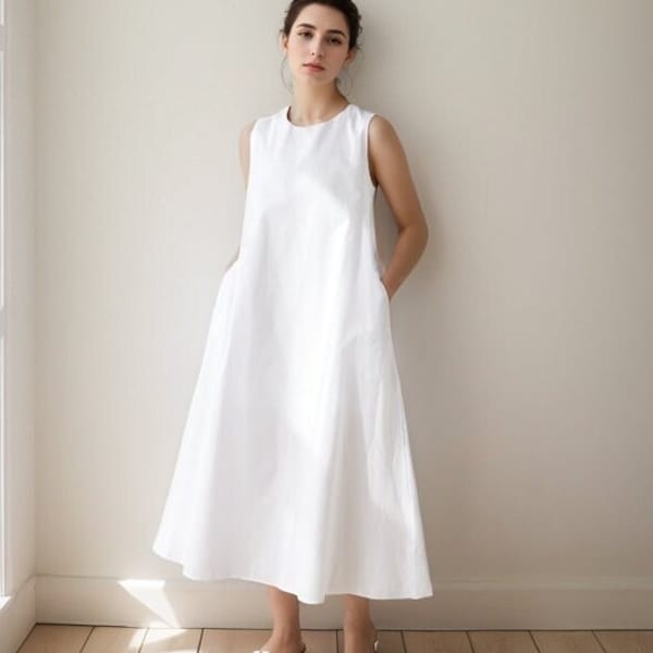 Linen Dress, Women's White Linen Dress, Midi Linen Dress, Sleeveless Linen Dress, Summer Linen Dress, Casual Dress, White Long Dress C3172#