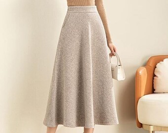 A-Line Midi Wool Skirt, Beige Long Wool Skirt, Wool Skirt Women, High Waisted Wool Skirt, Winter Wool Skirt With Pockets, Ylistyle C3556