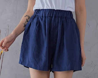 Blue High waist Linen Shorts, Linen shorts, Women Linen shorts, Linen Beach Shorts with pockets, Handmade shorts For Women C1906#