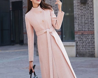 Pink long wool maxi coat,  women wool trench coat, Winter jacket coat Belted wool coat, Autumn winter outerwear, Custom coat, Ylistyle C1789
