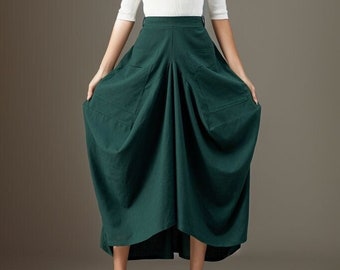 Linen Skirt, Green Linen maxi skirt, Plus size Skirt, Asymmetrical linen skirt, Summer skirt with pockets, Casual Skirt, Ylistyle C3919