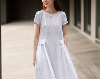 Robe en lin blanche, Robe midi pour femmes, Robe décontractée, Robe ample avec poches, Robe minimaliste d'été, Robe en lin personnalisée, Ylistyle C4014