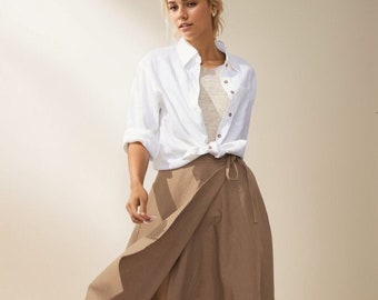 Linen Wrap Skirt, Linen skirt, Women's Linen midi Skirt, A-line linen skirt, Summer Linen skirt with pockets, Ties skirt, Ylistyle C3929