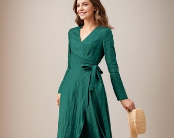 Wrap Linen Dress, Green Midi Linen Dress, Long Sleeves Dress, Spring Dress, Womens Dresses, Dress with Pockets, Custom dress, Ylistyle C3914