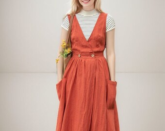 Linen Pinafore Dress, Summer Womens Linen Dress, Sleeveless Linen Dress with button, Orange midi Dress, Plus Size dress, Ylistyle C4016