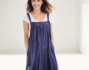 Linen pinafore dress, blue long suspender dress with bud shape skirt, loose fitting midi dress, summer suspender dress, gift for mom C278