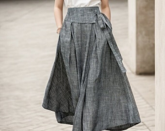 Linen wrap skirt, Grey Linen Maxi Skirt, Swing Linen Skirt, Asymmetrical wrap skirt, Ties Skirt with Pockets, Casual Skirt, Ylistyle C4015