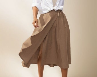 Linen Wrap Skirt, Linen skirt, Women's Linen midi Skirt, A-line linen skirt, Summer Linen skirt with pockets, Ties skirt, Ylistyle C3929
