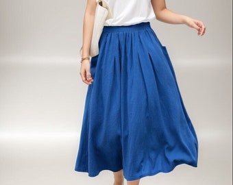 Linen skirt, A-line skirt, Casual Loose Skirt with pockets, Elastic Waist Skirt, Blue Pleated Linen Skirt, Swing Linen Skirt, Ylistyle C4017