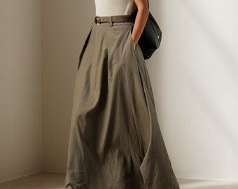 Army Green Linen Skirt, Linen maxi skirt, Asymmetrical linen skirt, Plus size Skirt, Summer skirt with pockets, Casual Skirt, Ylistyle C3921