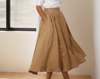 Linen Skirt, Swing linen skirt, Women's Linen midi Skirt, Summer Linen skirt with pockets, Plus size skirt, Custom Skirt, Ylistyle C3934