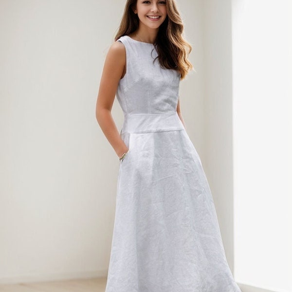 Linen Midi Dress, Sleeveless womens Dress, White casual dress, Split neck dress, Summer minimalist Dress, Custom Linen Dress, Ylistyle C4013