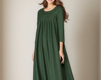 Wool maxi dress, Green dress, Loose wool dress women, Winter wool dress, Pleated dress, maxi wool dress, handmade dress, Ylistyle C4273