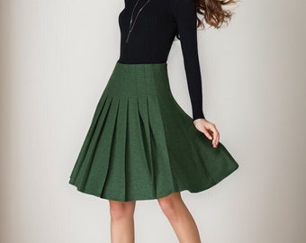 Wool skirt, Green wool Midi skirt women, Circle Pleated wool skirt, High waist wool skirt, winter skirt, Short wool skirt, ylistyle C4261