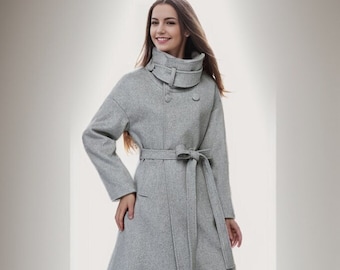 Midi wool coat, wool coat women, gray wool coat, Womens coats, trench coat, winter coat, oversized wool coat, Belt wool coat, Ylistyle C961
