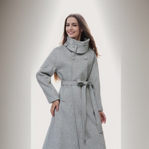 Midi wool coat, wool coat women, gray wool coat, Womens coats, trench coat, winter coat, oversized wool coat, Belt wool coat, Ylistyle C961