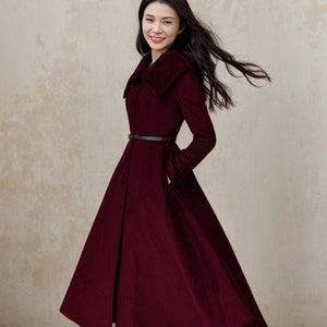 Wool Princess coat, Burgundy Wool coat women, long jacket for winter, winter wool coat, Belted Wool maxi coat, Handmade coat C4399