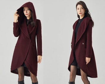 Wollen jas met capuchon, wollen jas dames, asymmetrische overslagjas, winterjas grote maten, winterbruiloftjas, modieuze kleding, Ylistyle C3567