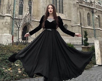 Jupe Maxi en mousseline de soie noire, jupe longue en mousseline de soie, jupe Swing pour femmes, jupe taille haute élastique, jupe pleine taille plus, jupe faite à la main, C2895