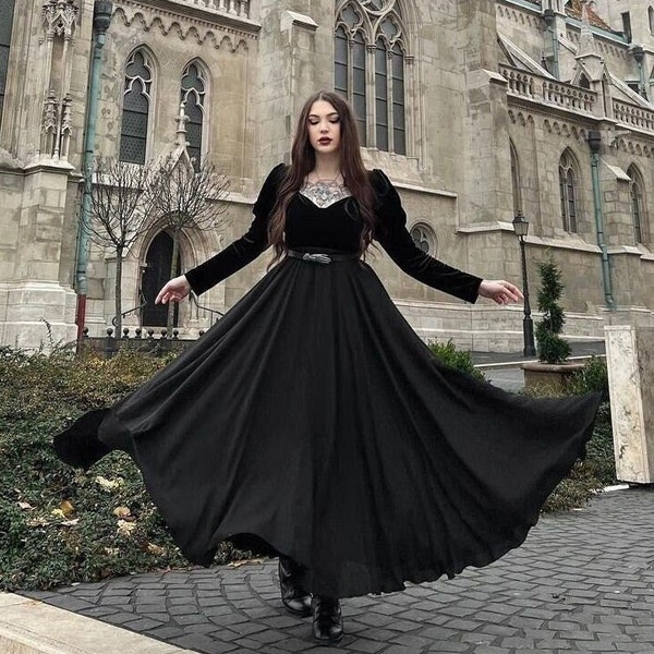 Jupe Maxi en mousseline de soie noire, jupe longue en mousseline de soie, jupe Swing pour femmes, jupe taille haute élastique, jupe pleine taille plus, jupe faite à la main, C2895