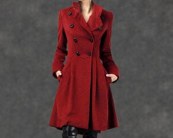 Asymmetrical Military wool Coat, Winter coat women, Fit-and-Flare Wool Coat with Cinched Waist, womens coat with Large Turn-Back Cuffs C2592