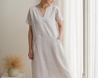 Linen tunic Dress, Linen Shift Dress, Simple Midi Dress With Pockets, Womens Linen Dress, Custom Dress, Summer Dress, Handmade dress C2938