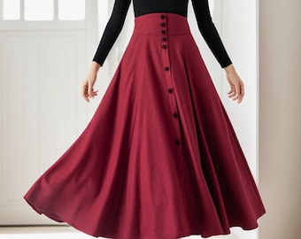 Wool skirt, Maxi A Line Skirt, High Waisted Skirt, Swing Skirt, Plus size skirt, Made to Order, Button Down Skirt, Ylistyle C3622