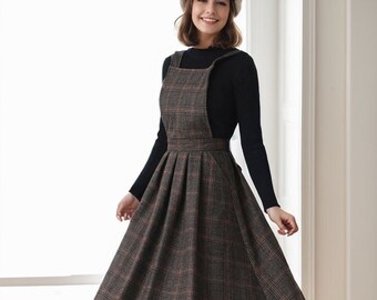 Plaid Wool midi Dress, Wool Pinafore Dress, Pleated wool Dress, Fit and flare Wool dress women, Winter dress women, Handmade dress C4271