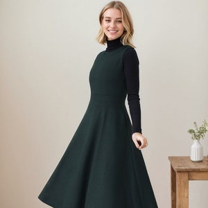 Green Wool Midi Pinafore Dress, Fit and Flare with Pockets, Ylistyle C4360