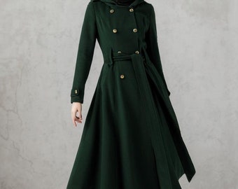 グリーンのロングウールコート、レディースウールコート、ヴィンテージ
