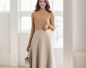 Jupe trapèze midi en laine, Jupe longue en laine beige, Jupe en laine pour femme, Jupe taille haute en laine, Jupe d'hiver en laine avec poches, Ylistyle C3556