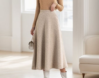 A-Line Midi Wool Skirt, Beige Long Wool Skirt, Wool Skirt Women, High Waisted Wool Skirt, Winter Wool Skirt With Pockets, Ylistyle C3556