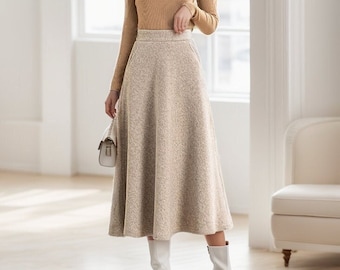 Jupe trapèze midi en laine, Jupe longue en laine beige, Jupe en laine pour femme, Jupe taille haute en laine, Jupe d'hiver en laine avec poches, Ylistyle C3556