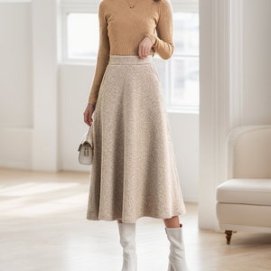 A-Line Midi Wool Skirt, Beige Long Wool Skirt, Wool Skirt Women, High Waisted Wool Skirt, Winter Wool Skirt With Pockets, Ylistyle C3556