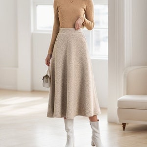 A-Line Midi Wool Skirt, Beige Long Wool Skirt, Wool Skirt Women, High Waisted Wool Skirt, Winter Wool Skirt With Pockets, Ylistyle C3556