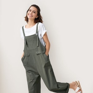 Summer green linen jumpsuit women, Casual Linen dungarees, Linen overalls, cropped leg plus size romper harem jumpsuit with pockets C1697 image 1