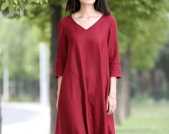 Vestido de lino rojo - Largo midi, holgado, talla grande, escote en V, informal, cómodo, para uso diario, para mujer, C264