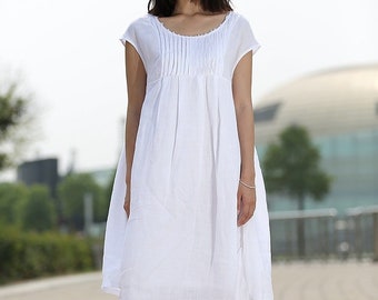 White Linen dress, Linen dress, Summer Boho Dress, Cool Loose-Fitting Midi Length Summer Floaty Dress with Pintucks and Cap Sleeves C260