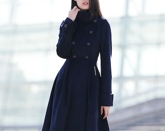 Blue coat, winter coat, wool coat, womens coat, midi wool coat, navy blue coat, coat, warm winter coat, Asymmetrical coat, warm coat C164